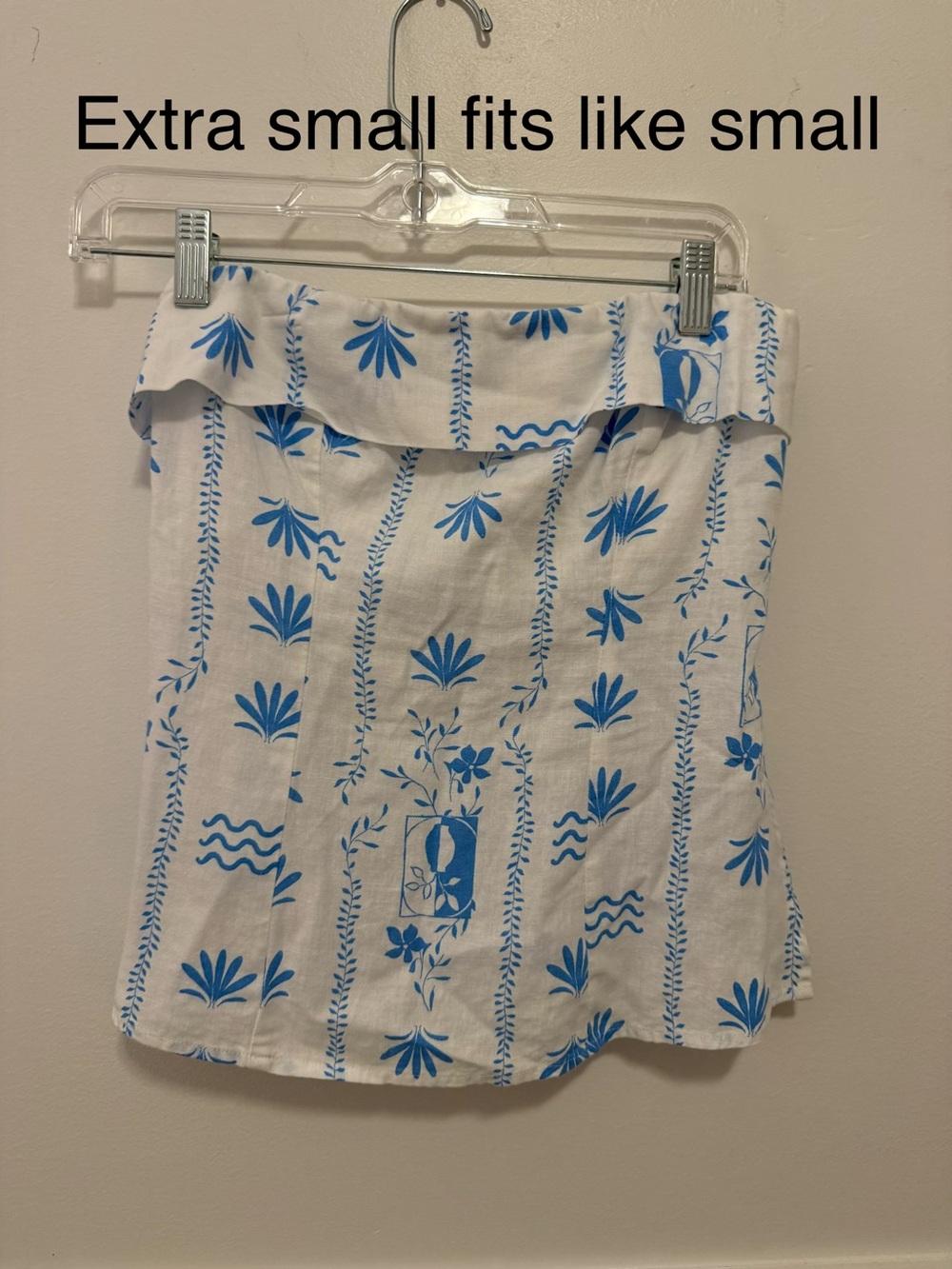 White and Blue Printed Strapless Skirt